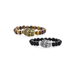 Set of 2 Chef Indian Face Howlite Onyx and Tiger Eye Bead Stretch Bracelet