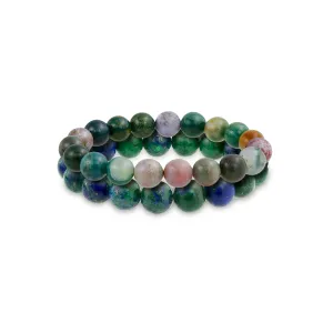 Set of 2 Natural Bead Blue Azurite Multi Color Jasper 12MM Stretch Bracelet