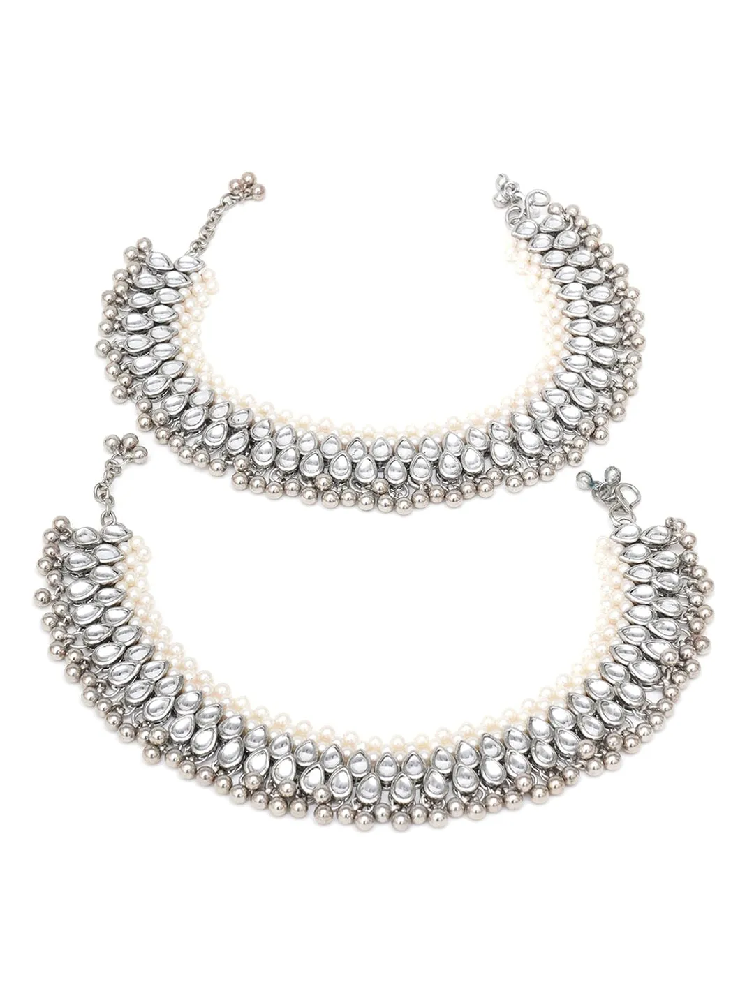 Set Of 2 Oxidised Silver-Plated White Kundan-Studded Anklets
