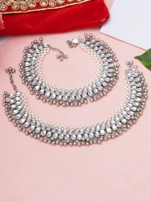 Set Of 2 Oxidised Silver-Plated White Kundan-Studded Anklets