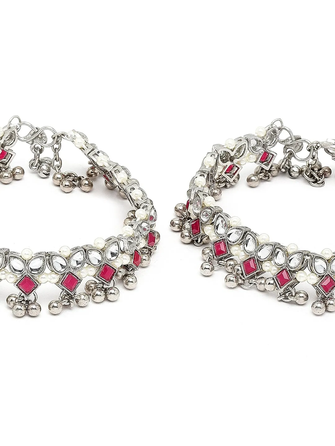 Set Of 2 Oxidised Silver-Plated White Kundan-Studded Anklets