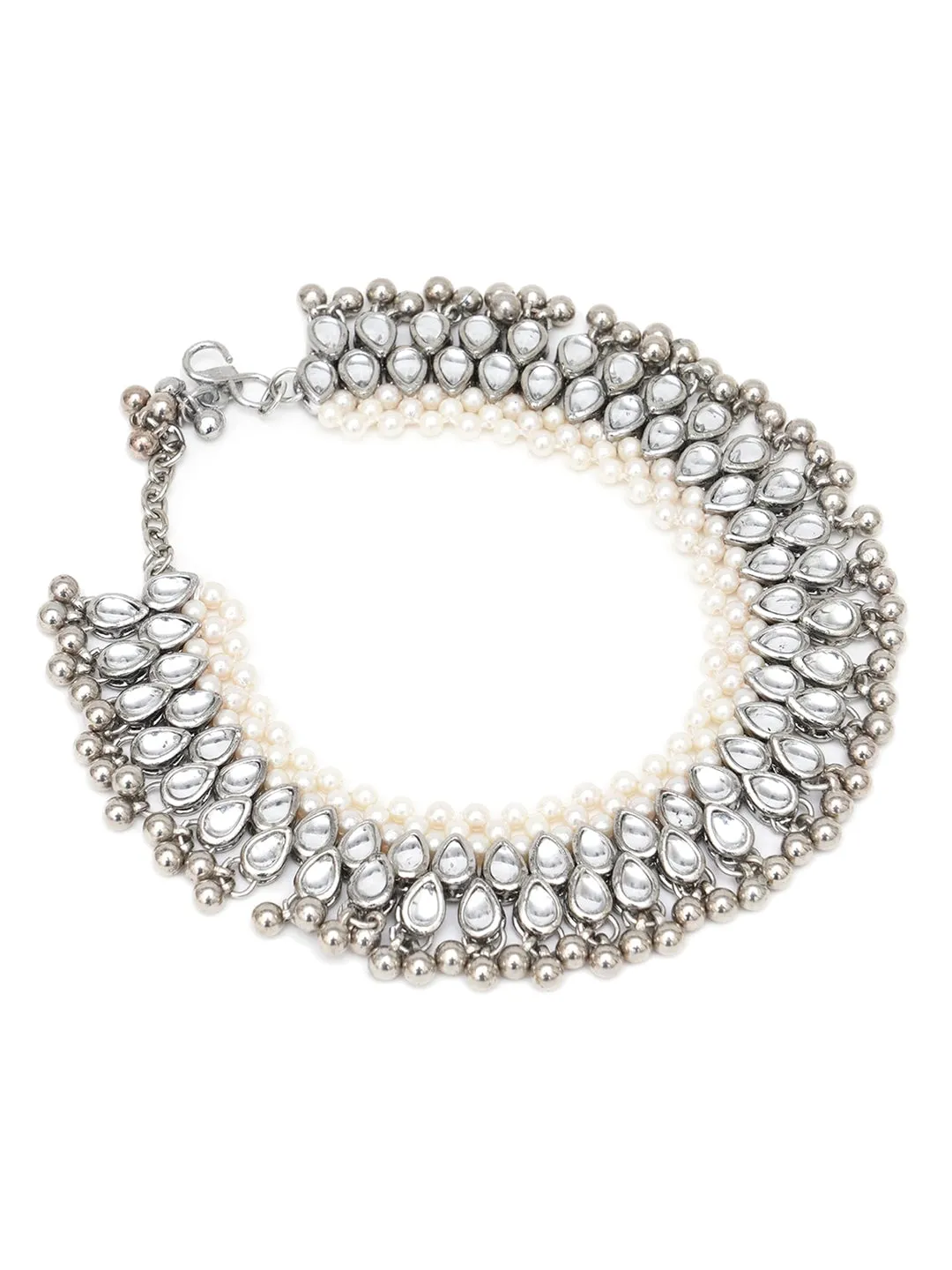 Set Of 2 Oxidised Silver-Plated White Kundan-Studded Anklets