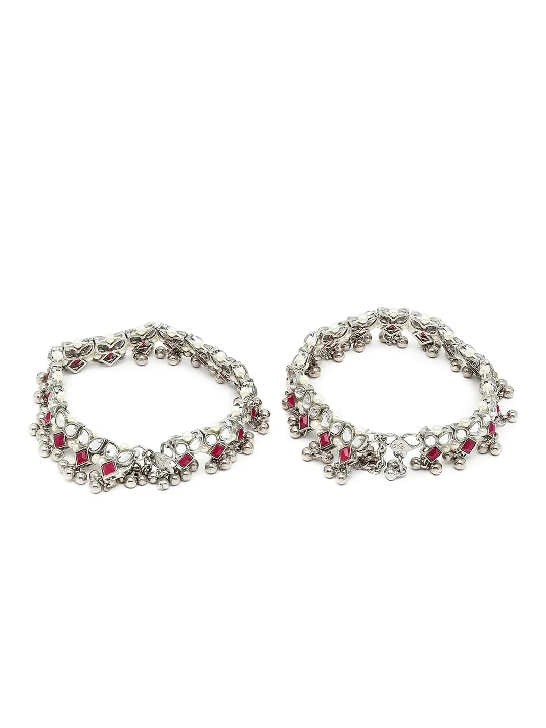 Set Of 2 Oxidised Silver-Plated White Kundan-Studded Anklets