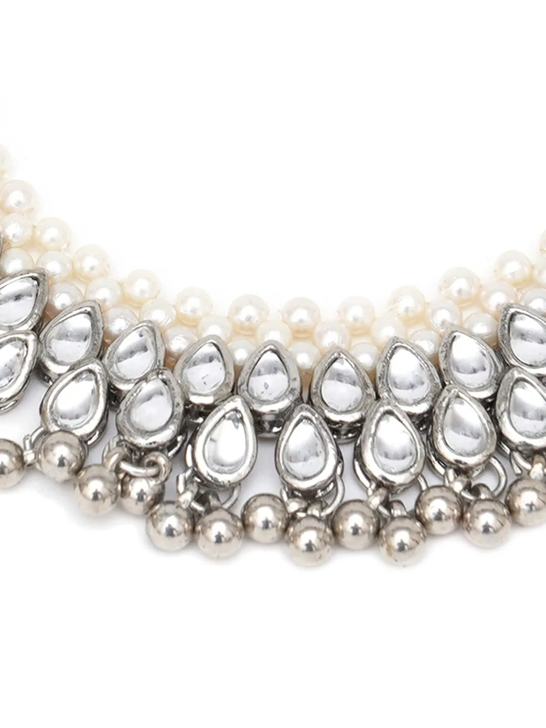 Set Of 2 Oxidised Silver-Plated White Kundan-Studded Anklets