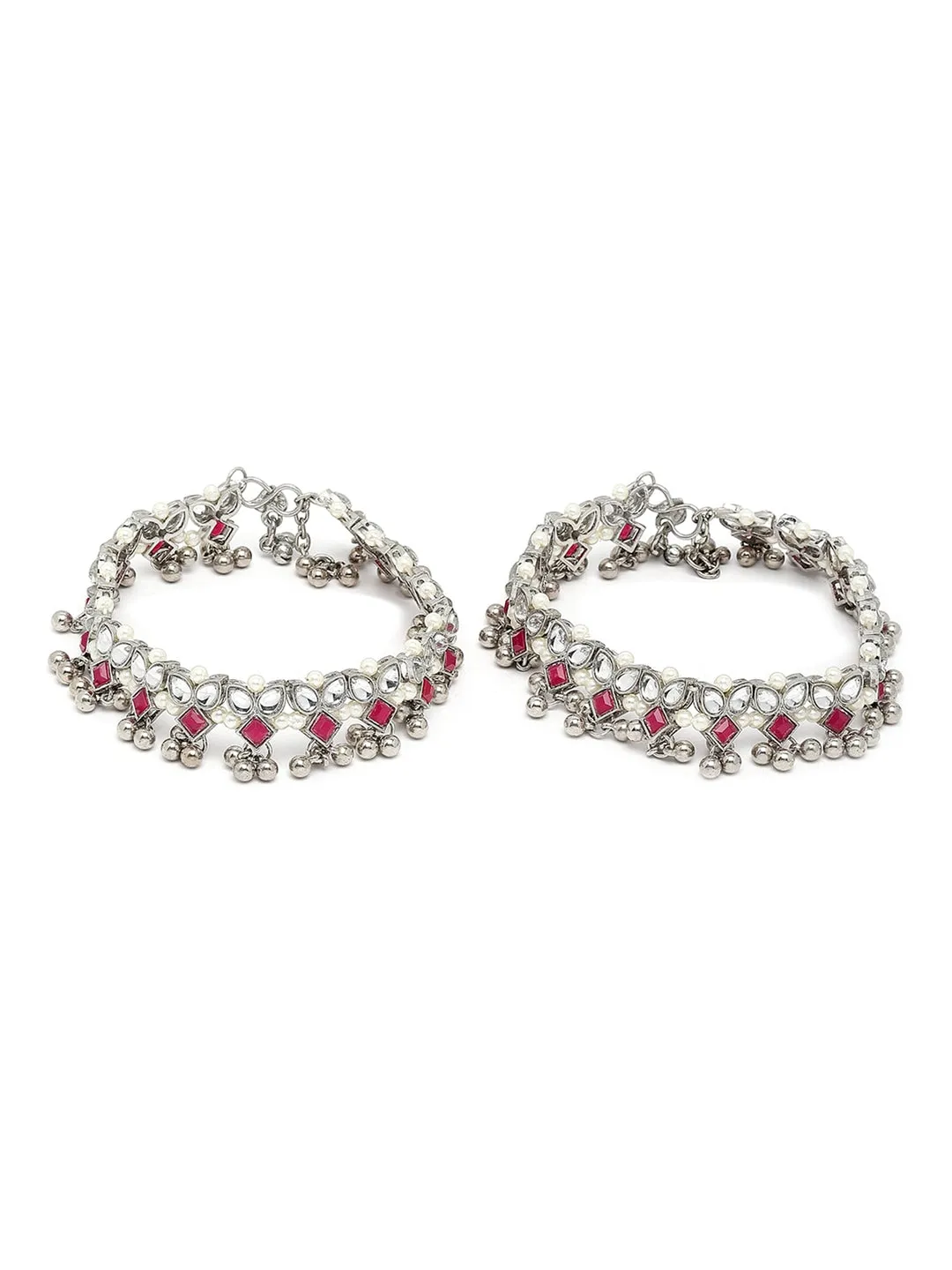 Set Of 2 Oxidised Silver-Plated White Kundan-Studded Anklets