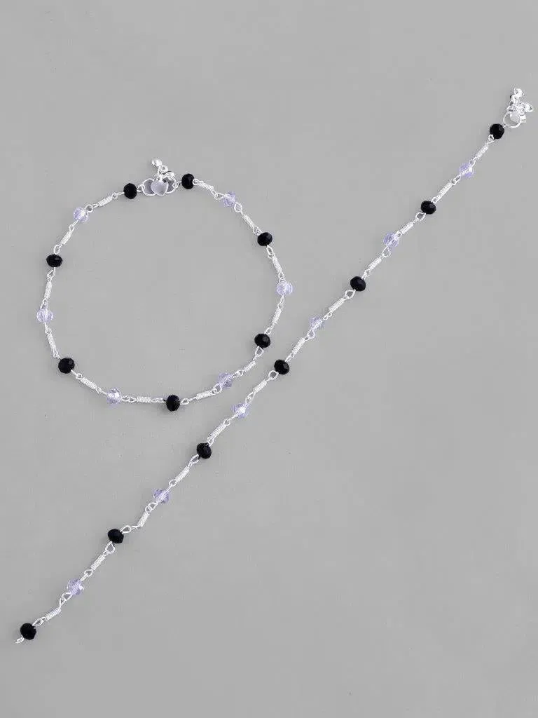 Set Of 2 Silver Plated Black & White Beads Anklet-VOJ124