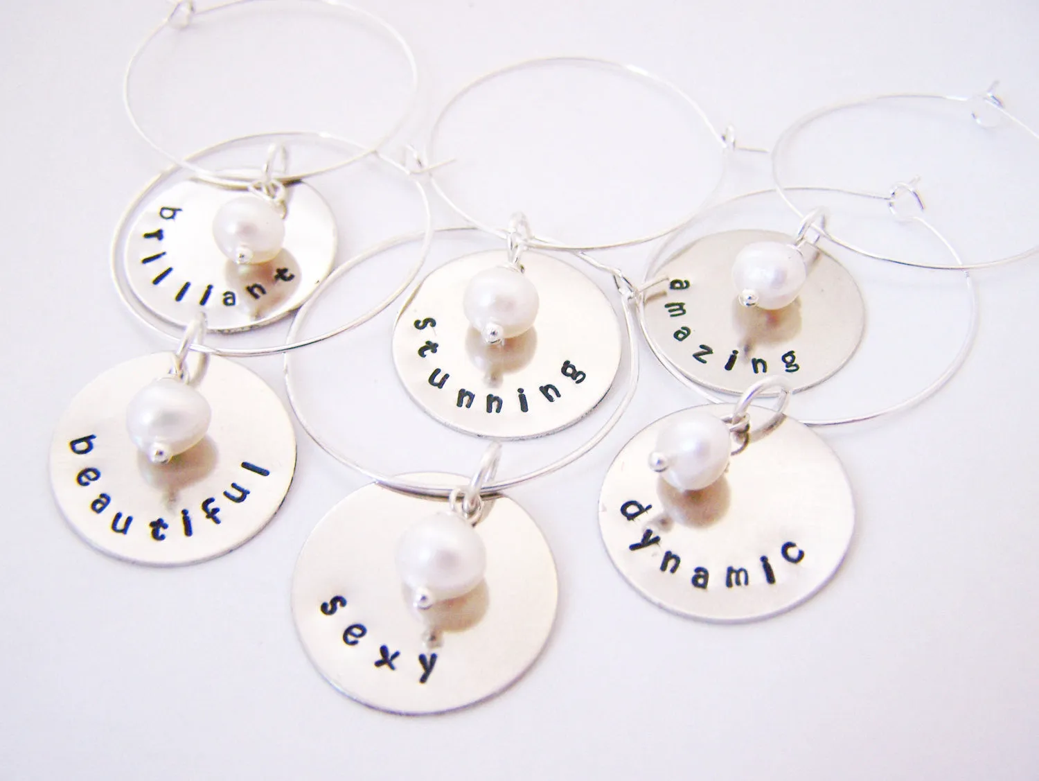 Set of 6 Silver Hand Stamped Freshwater Pearl Wine Charms / Champagne Charms
