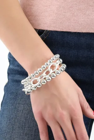 Set of Three Satin Ball and Chain Bracelets -Silver