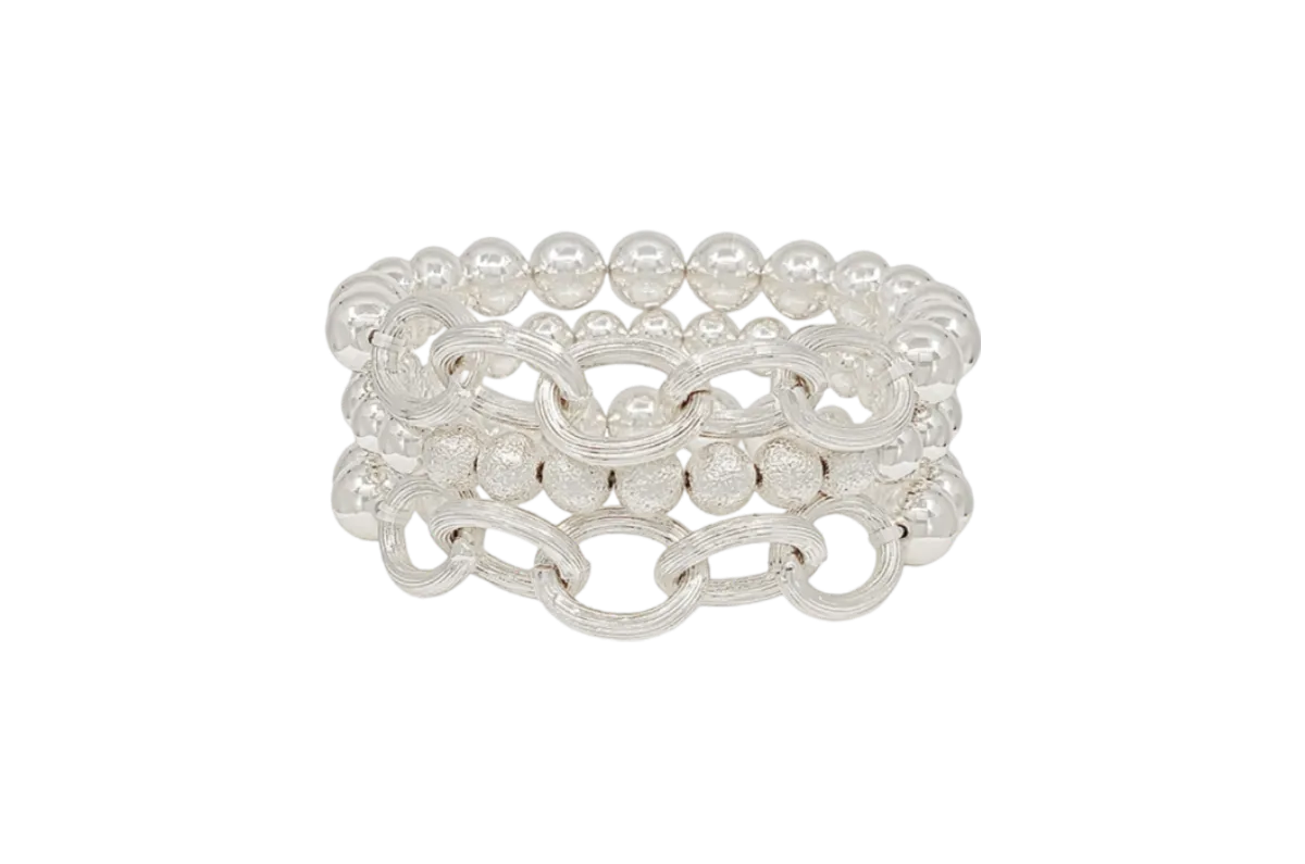Set of Three Satin Ball and Chain Bracelets -Silver