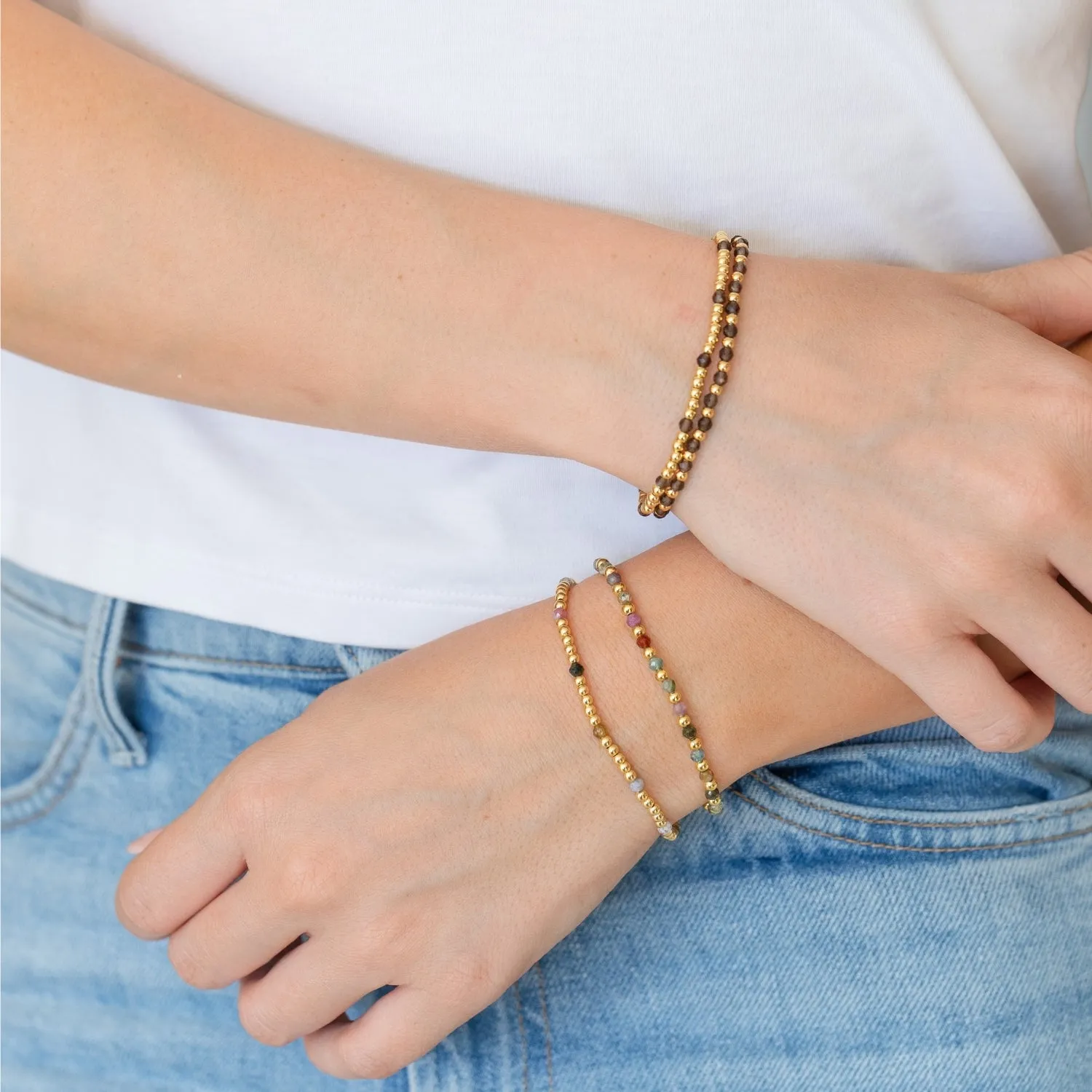 Set/2, 3mm Bead and Stone Stretch Bracelets