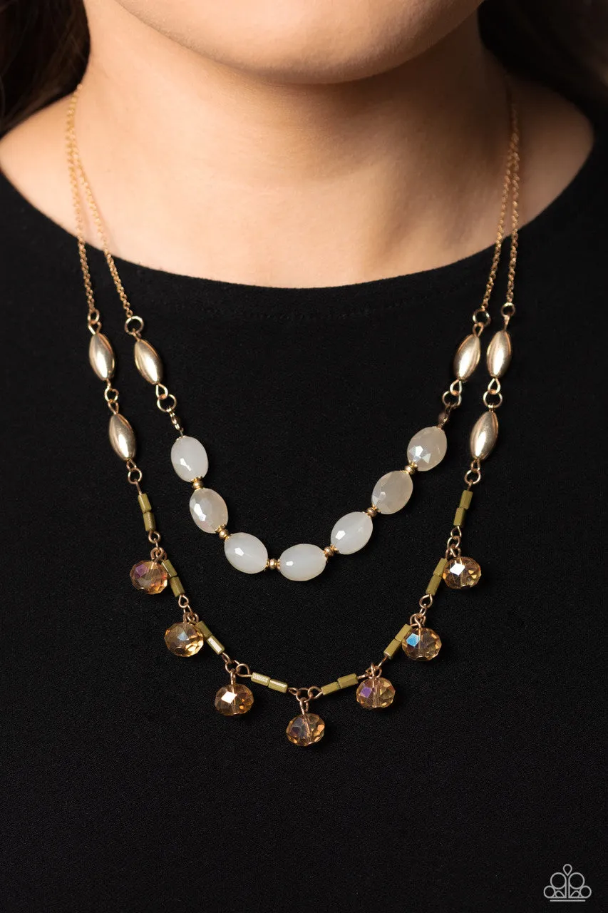 Sheen Season - Gold - White Opaque Bead Tiered Paparazzi Short Necklace
