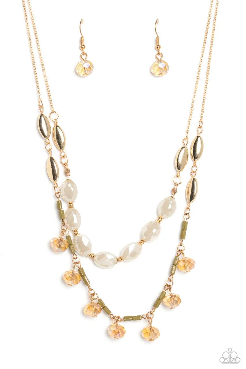 Sheen Season - Gold - White Opaque Bead Tiered Paparazzi Short Necklace