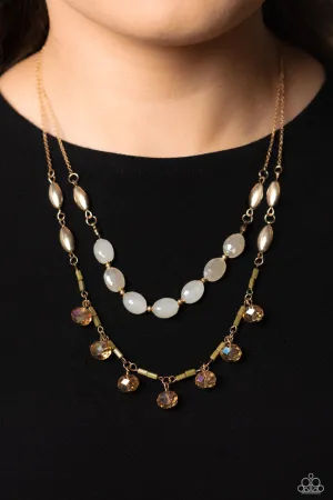 Sheen Season - Gold - White Opaque Bead Tiered Paparazzi Short Necklace