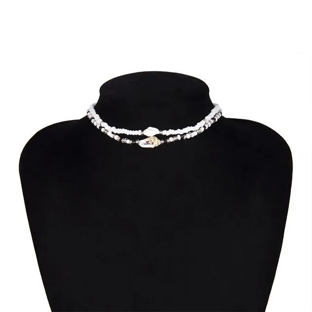 SHIXIN Separable 2 Layered White/Black Beads Necklaces Korean Small Beaded Conch Shell Choker Necklace for Women Fashion Collar