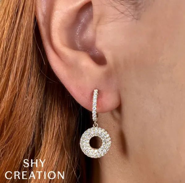 Shy Creation Open Circle Pave Diamond Donut Drop Huggie Earrings