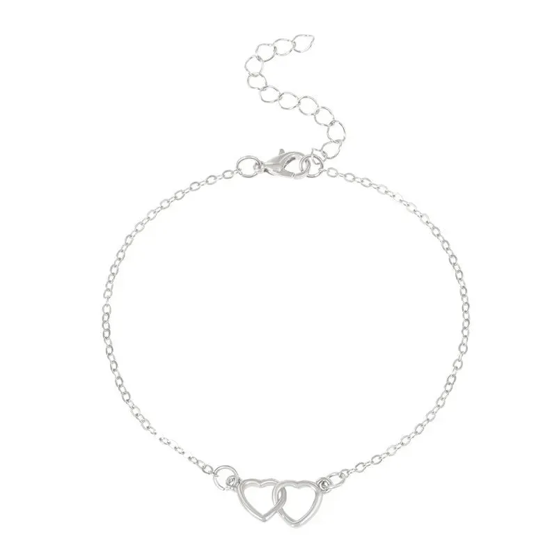 Silver Color Double Heart Anklet for Women Bling Hollow Out Love Foot Ankle Leg Bracelet Chain Jewelry