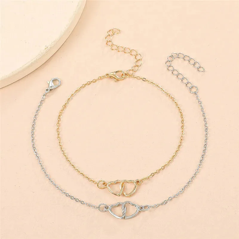 Silver Color Double Heart Anklet for Women Bling Hollow Out Love Foot Ankle Leg Bracelet Chain Jewelry