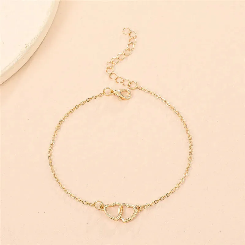Silver Color Double Heart Anklet for Women Bling Hollow Out Love Foot Ankle Leg Bracelet Chain Jewelry