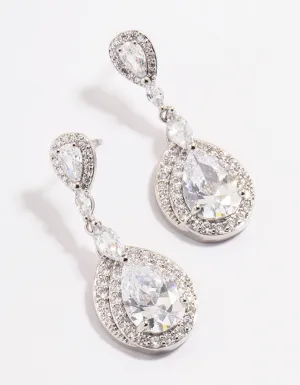 Silver Diamond Simulant Detail Pear Drop Earrings