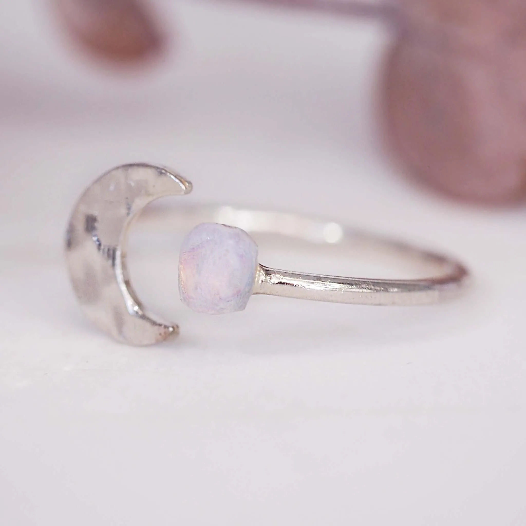 Silver Little Moon and Raw Opal Ring