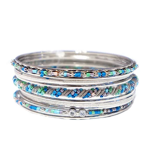 SILVER MULTI COLOR GREEN AND BLUE MIXED SEED BEADED SET OF 11 PCS SILVER INDIAN BANGLES  #KB00897PLUS_S-MLT (RC17)