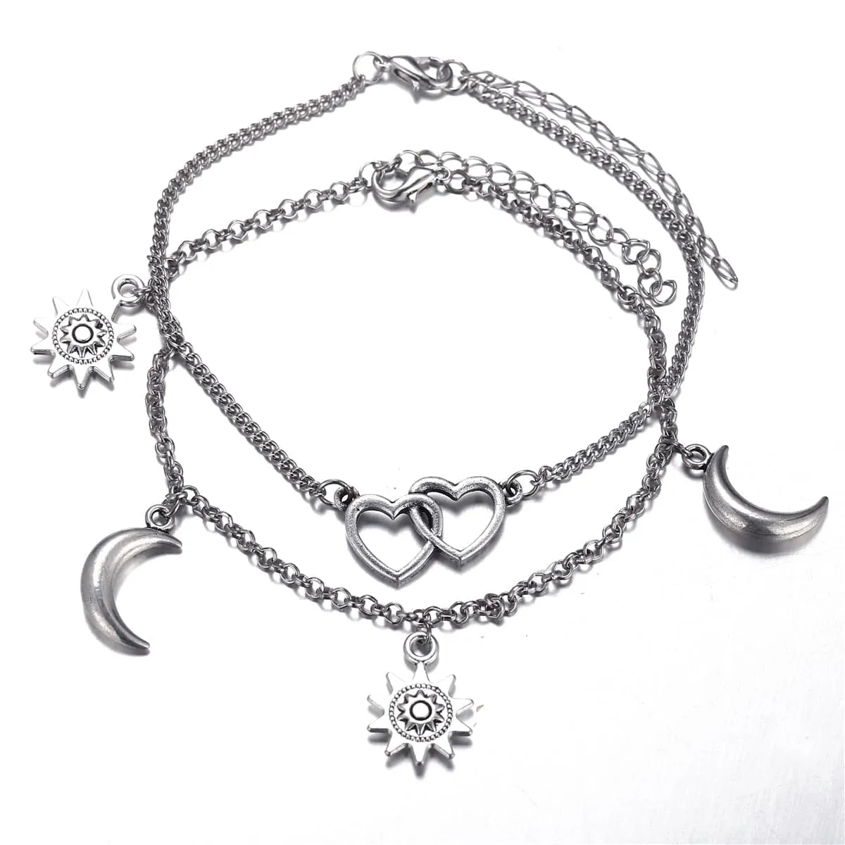 Silver-Plated Moon & Star Heart Charm Anklet Set