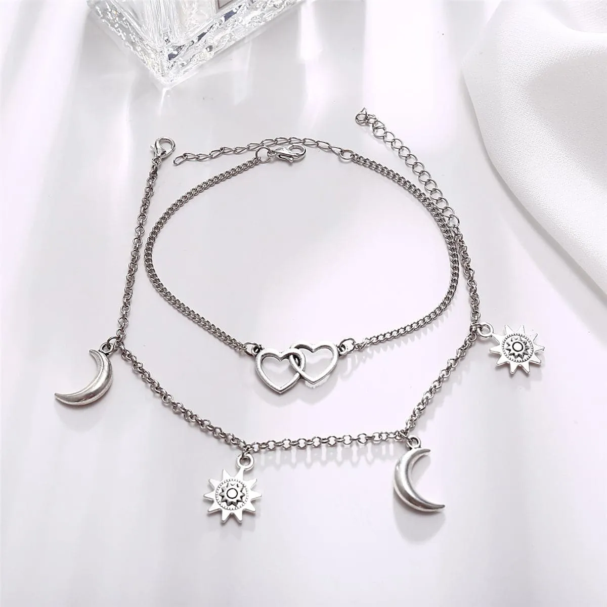 Silver-Plated Moon & Star Heart Charm Anklet Set