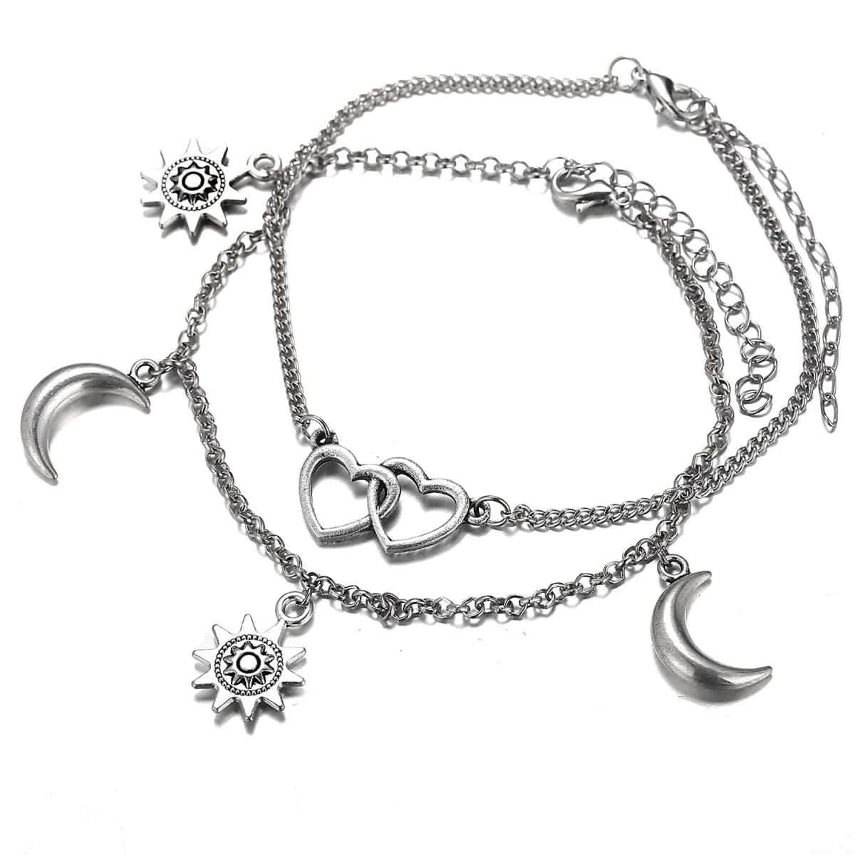 Silver-Plated Moon & Star Heart Charm Anklet Set