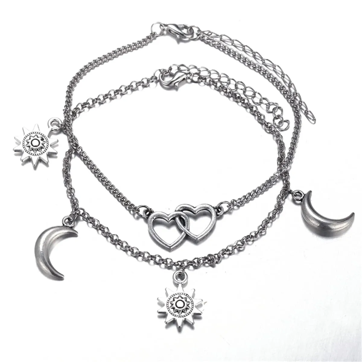 Silver-Plated Moon & Star Heart Charm Anklet Set