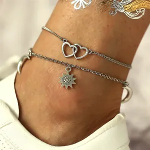 Silver-Plated Moon & Star Heart Charm Anklet Set