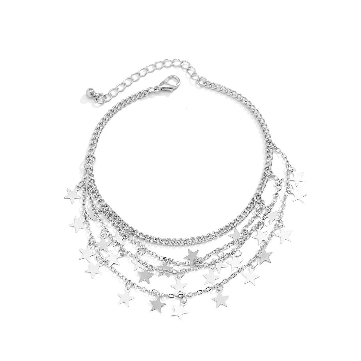 Silver-Plated Star Tassel Layered Anklet