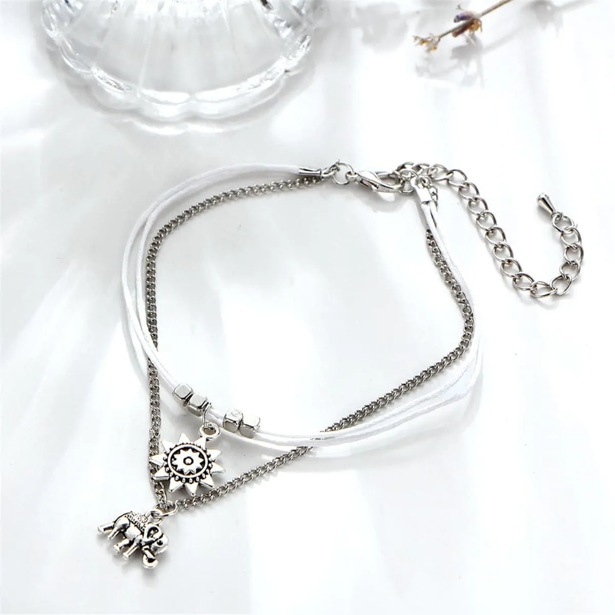 Silver-Plated Sun & Elephant Cham Layered Anklet