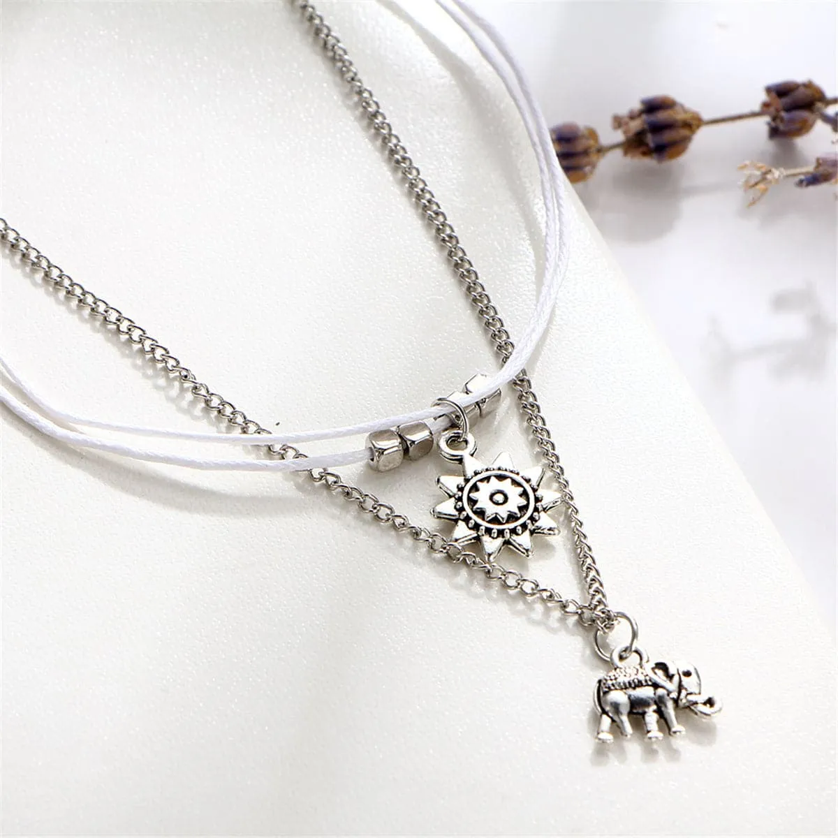 Silver-Plated Sun & Elephant Cham Layered Anklet