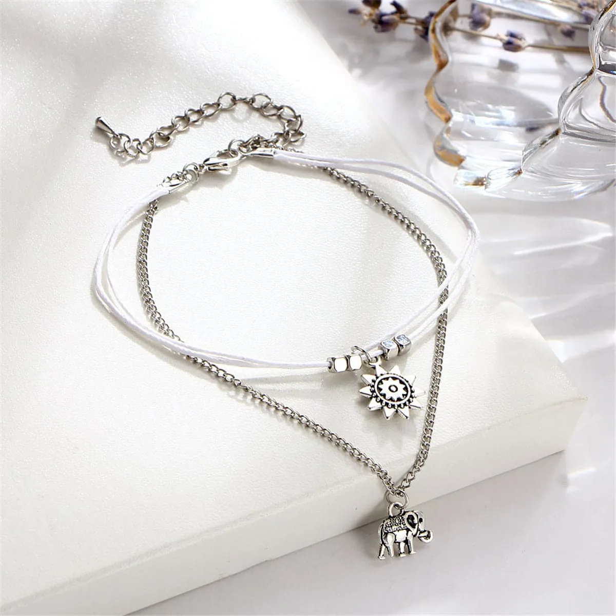 Silver-Plated Sun & Elephant Cham Layered Anklet