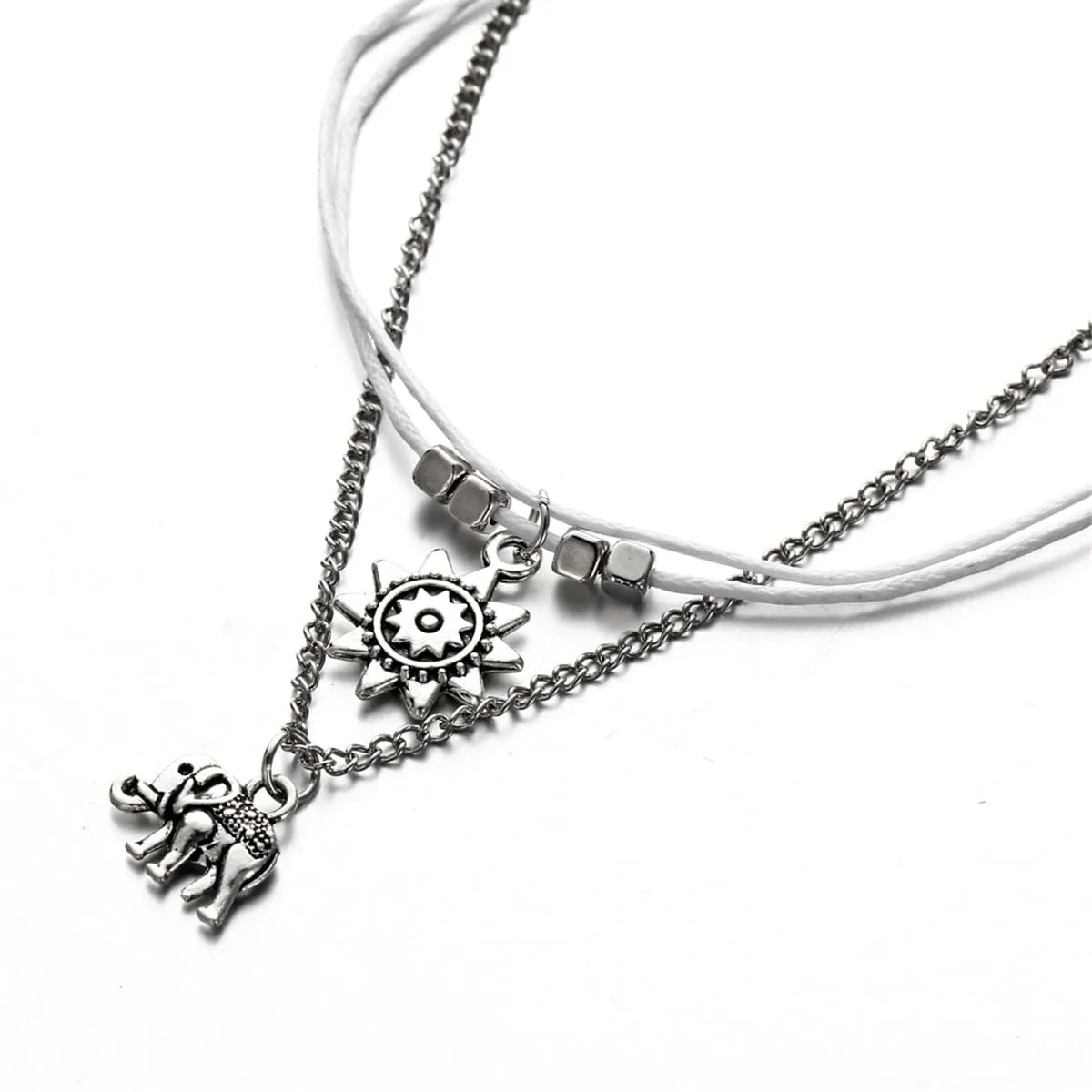 Silver-Plated Sun & Elephant Cham Layered Anklet