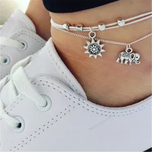 Silver-Plated Sun & Elephant Cham Layered Anklet
