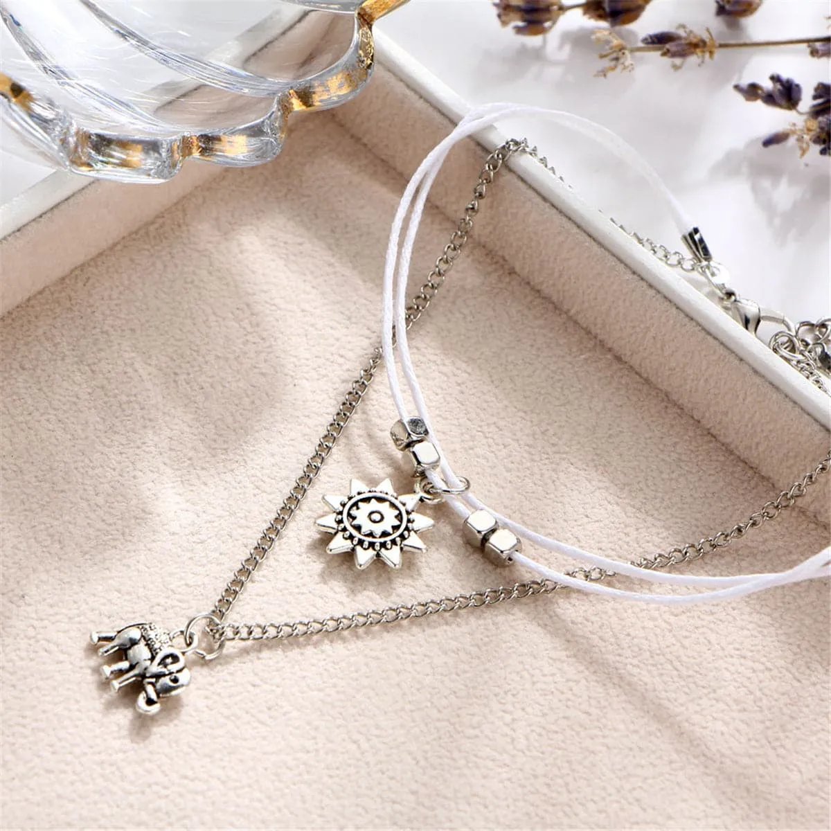 Silver-Plated Sun & Elephant Cham Layered Anklet