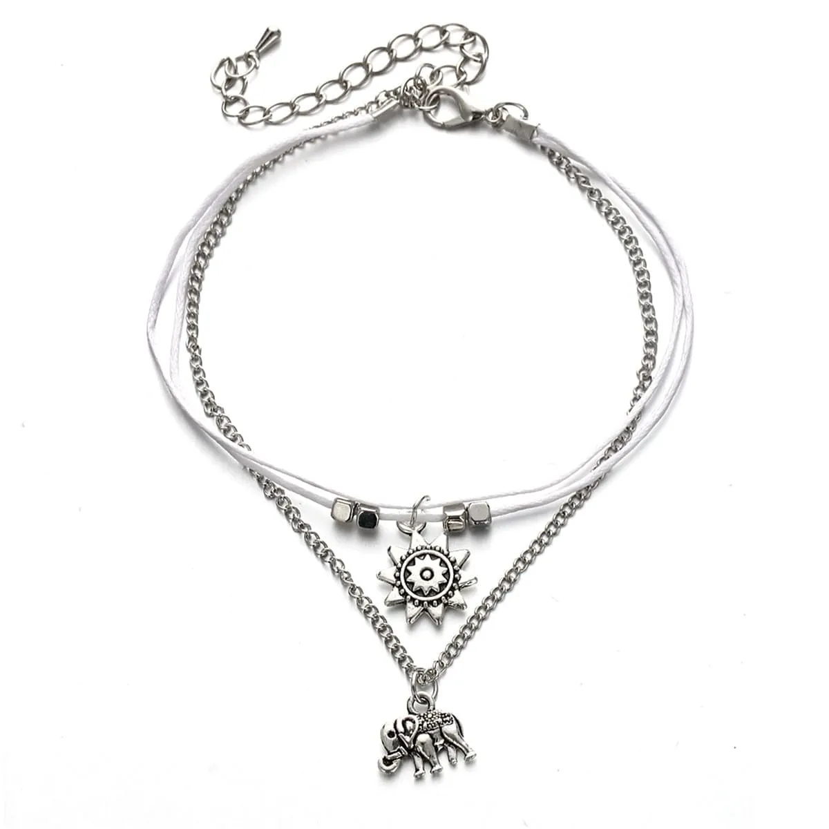 Silver-Plated Sun & Elephant Cham Layered Anklet