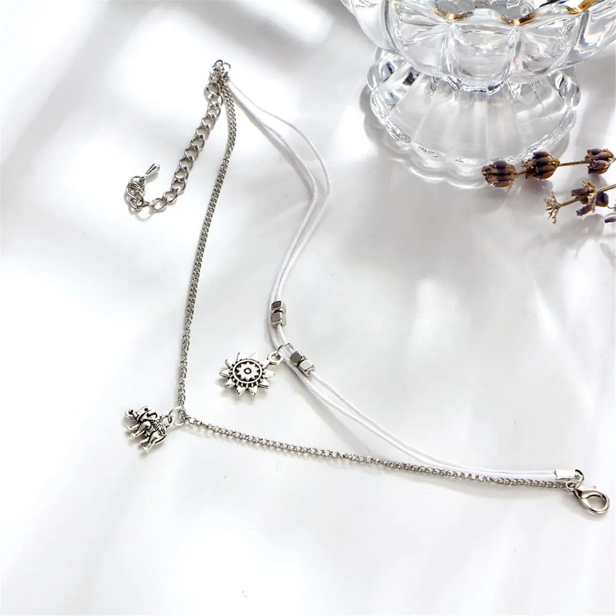 Silver-Plated Sun & Elephant Cham Layered Anklet