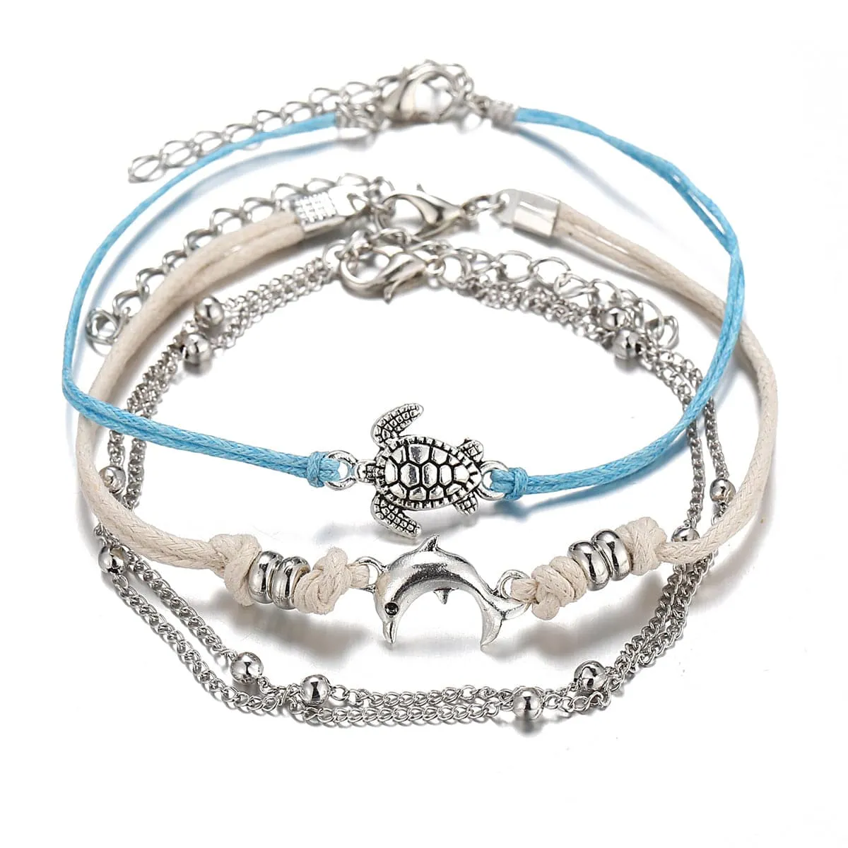 Silver-Plated Turtle & Dolphin Anklet Set