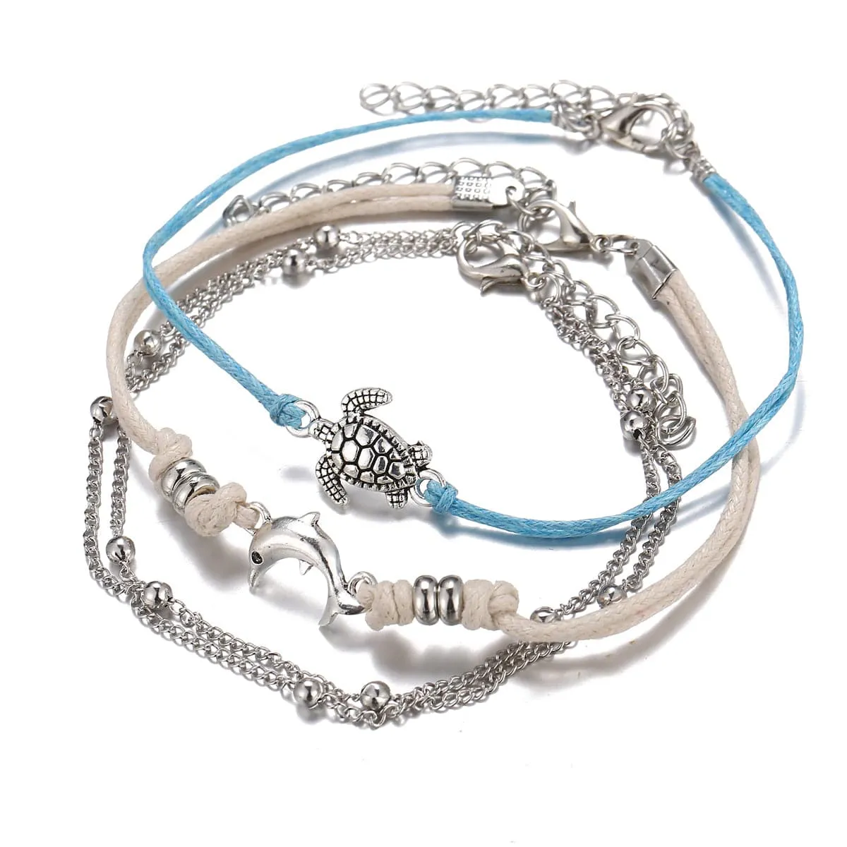 Silver-Plated Turtle & Dolphin Anklet Set