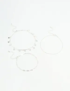 Silver Star & Chain Anklets 3-Pack