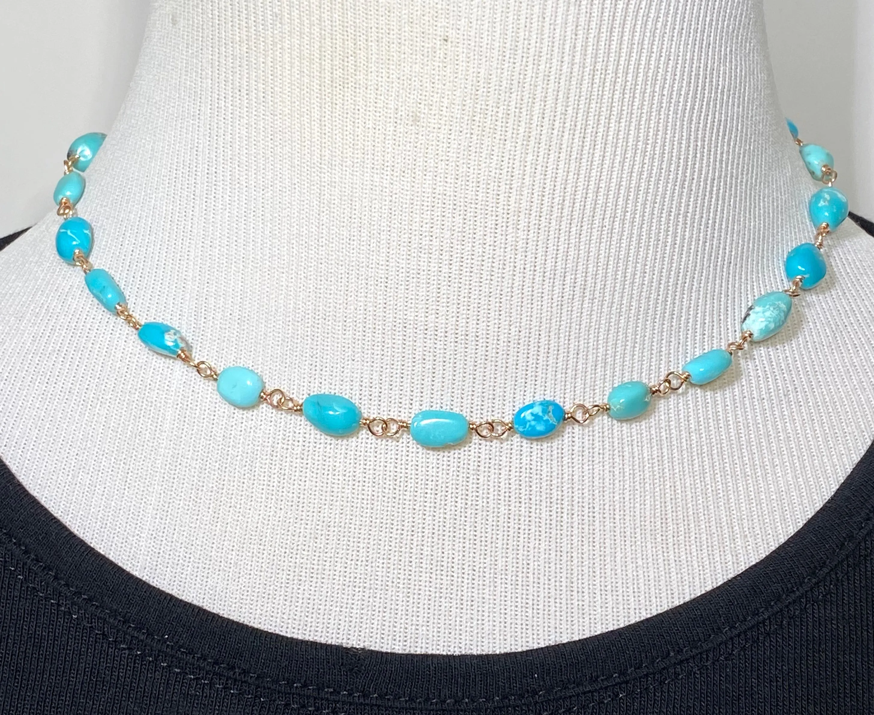 Sleeping Beauty Turquoise Necklace Rose Gold Rosary Style Wire Wrapped