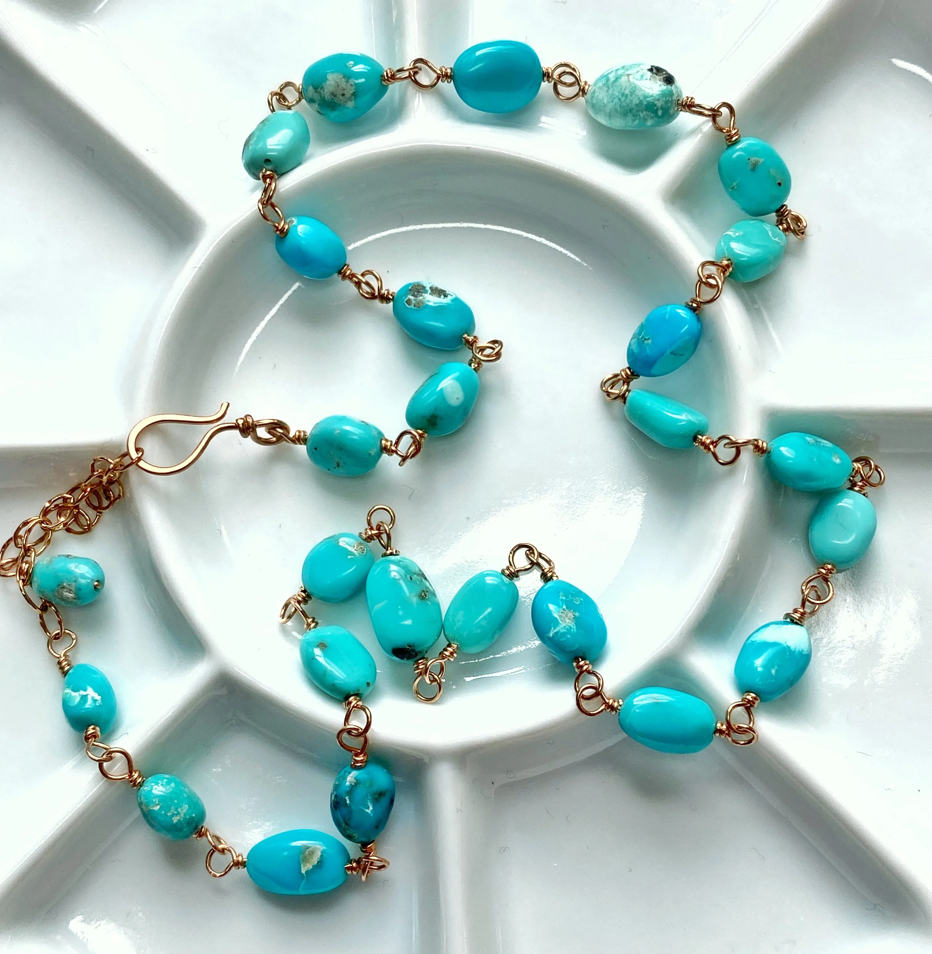 Sleeping Beauty Turquoise Necklace Rose Gold Rosary Style Wire Wrapped