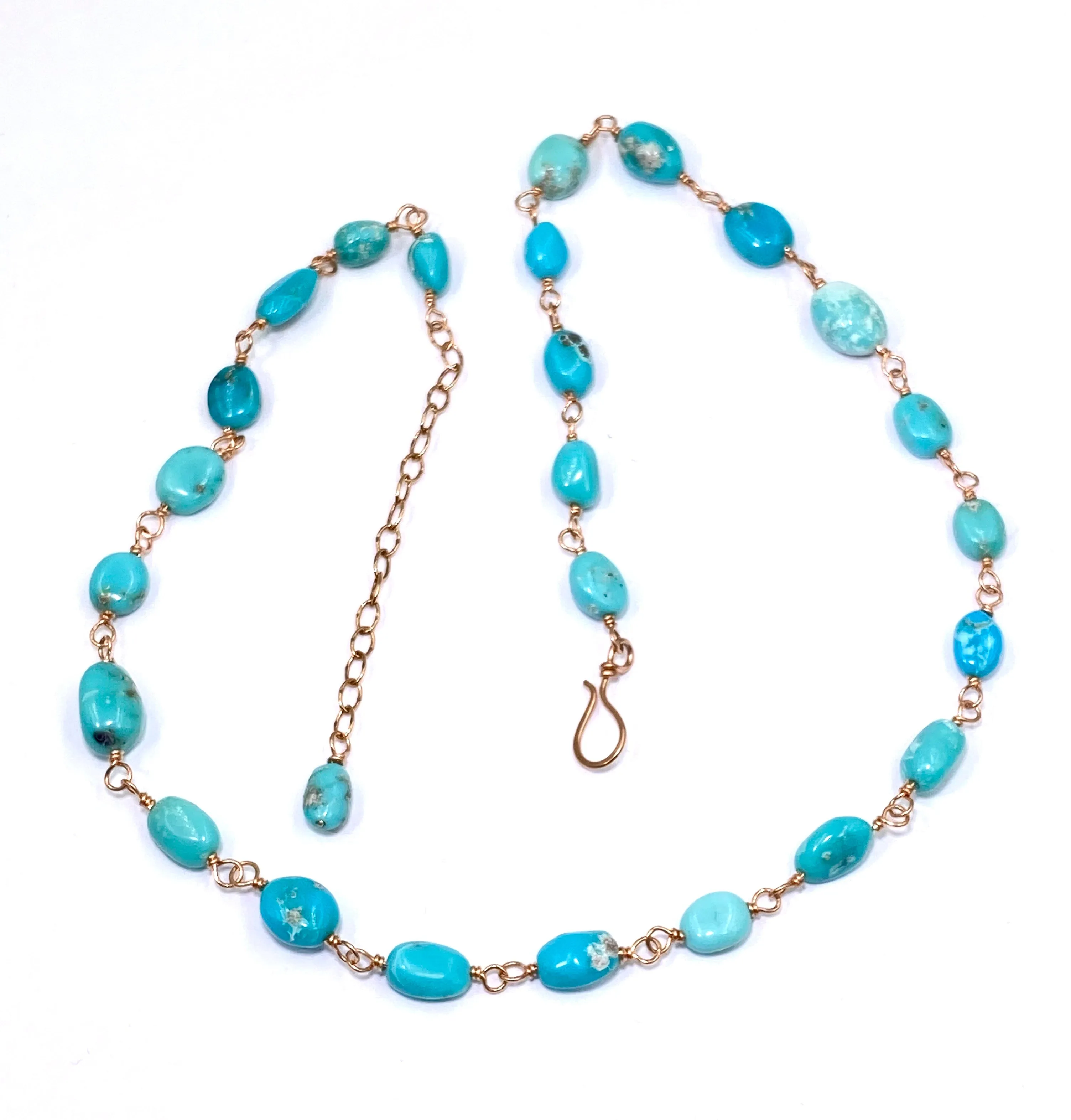 Sleeping Beauty Turquoise Necklace Rose Gold Rosary Style Wire Wrapped