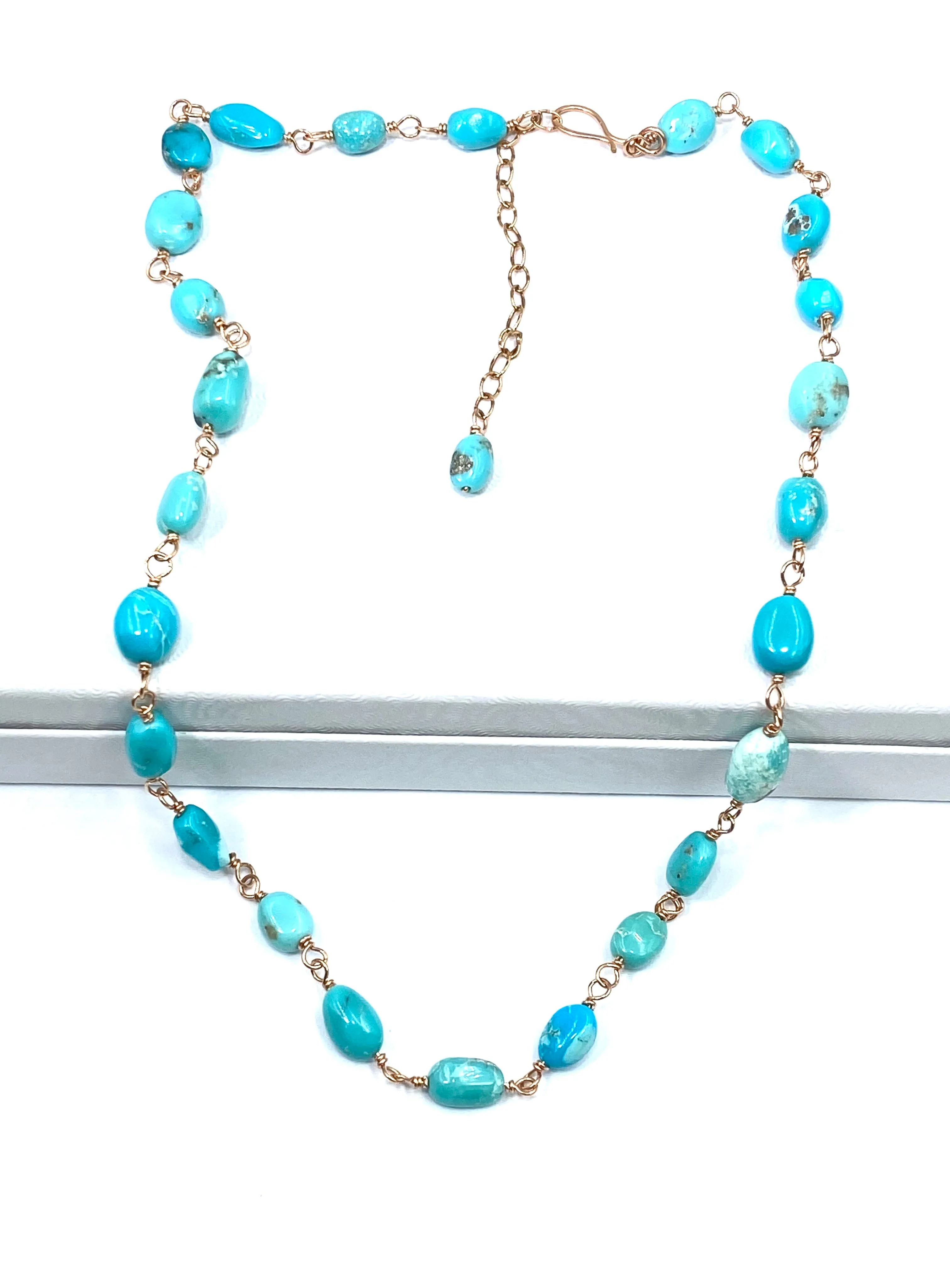 Sleeping Beauty Turquoise Necklace Rose Gold Rosary Style Wire Wrapped