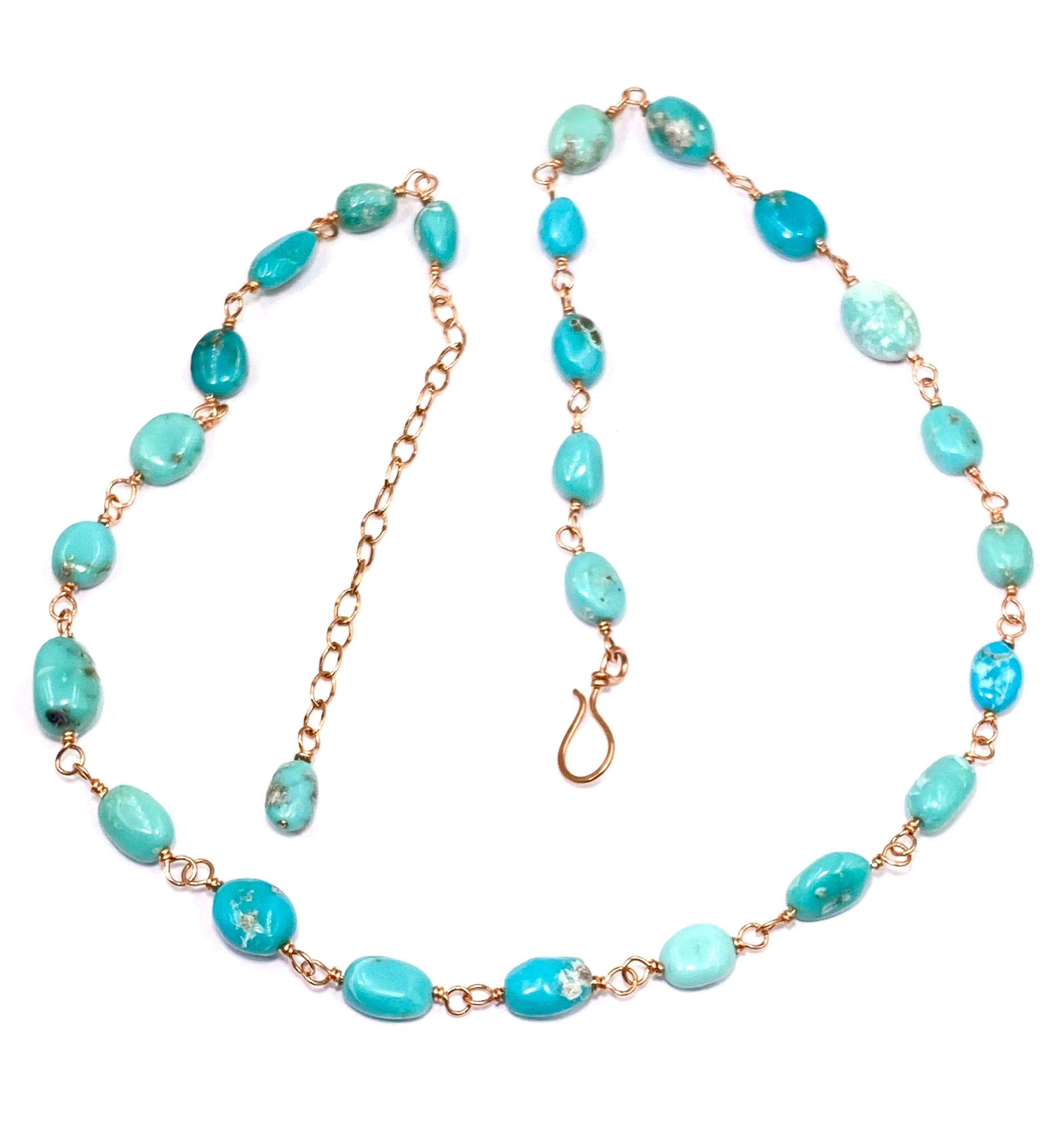 Sleeping Beauty Turquoise Necklace Rose Gold Rosary Style Wire Wrapped