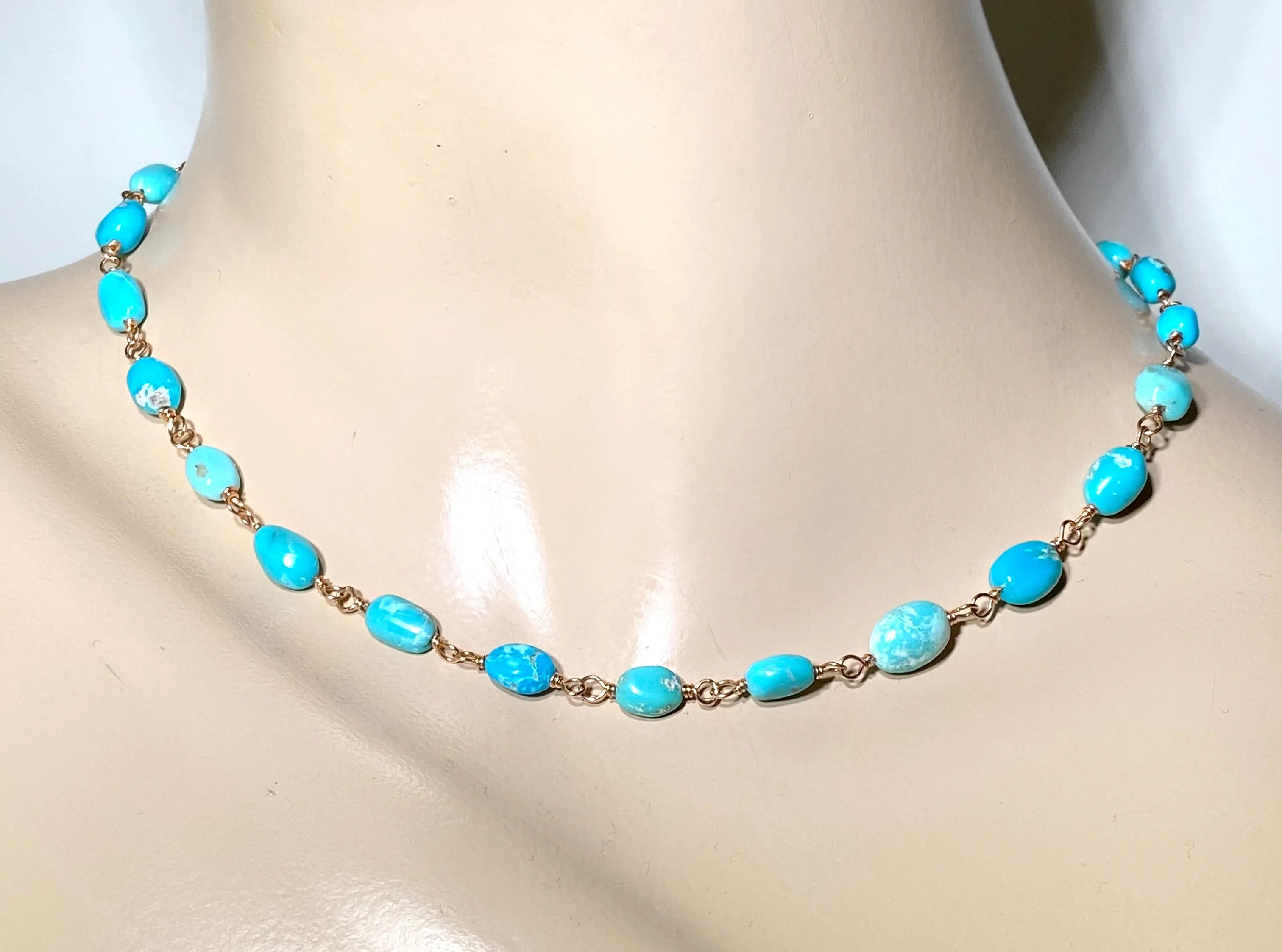 Sleeping Beauty Turquoise Necklace Rose Gold Rosary Style Wire Wrapped