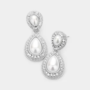 Small Double Teardrop Pearl Drop Earrings on Silver  |  477223
