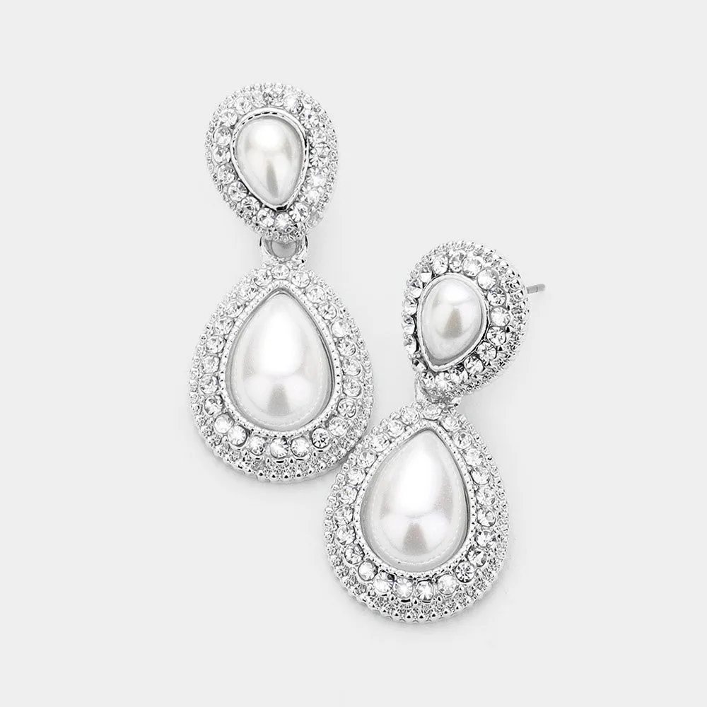 Small Double Teardrop Pearl Drop Earrings on Silver  |  477223